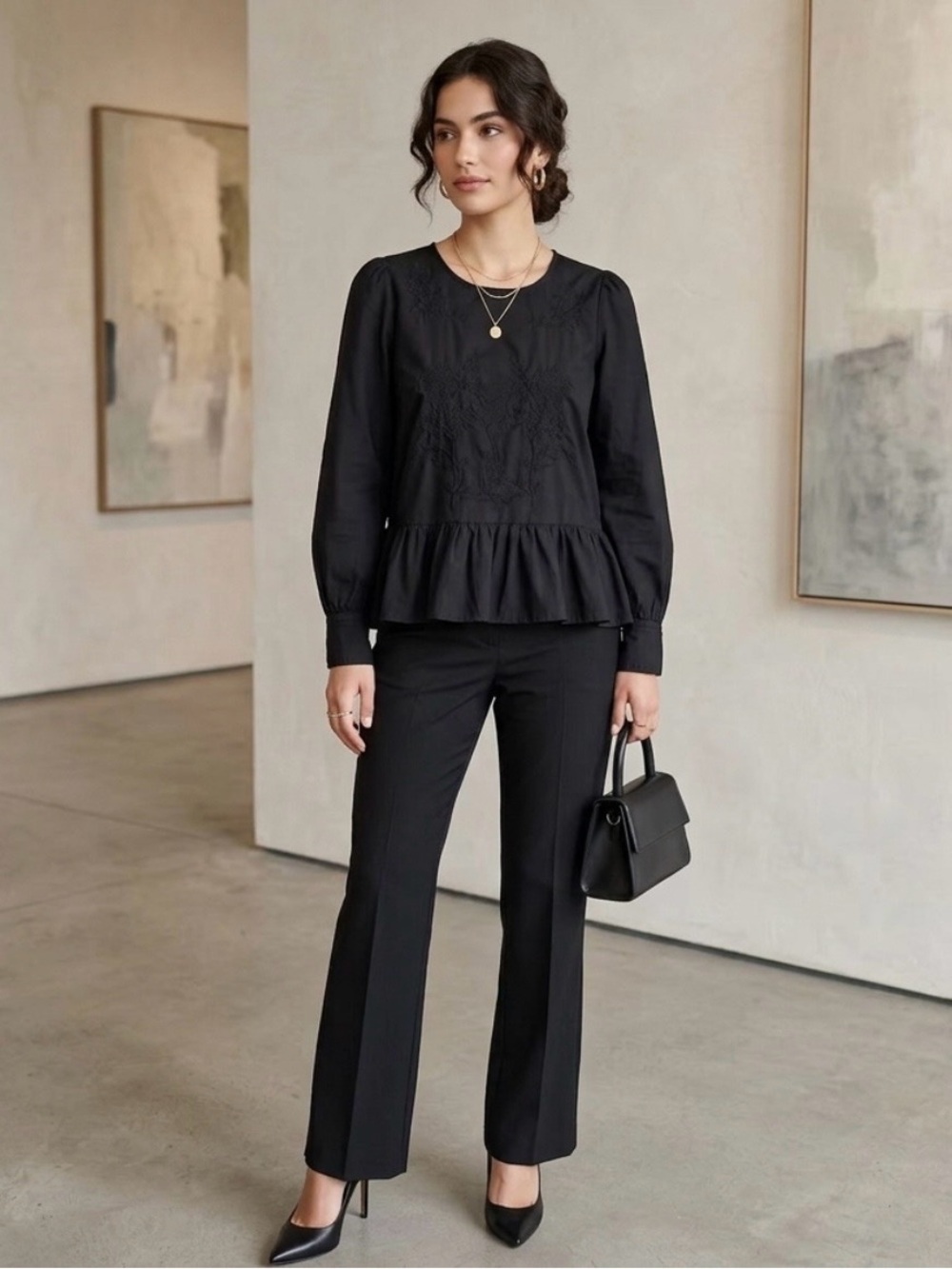 Zara Premium Denim Collection Embroidered Peplum Blouse Size S Silk blend